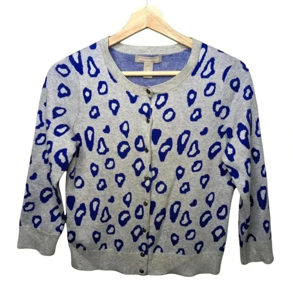 Banana Republic Womens Grey Blue Leopard Print Cardigan Sweater Wool Knit Sz S/P - Picture 2 of 14